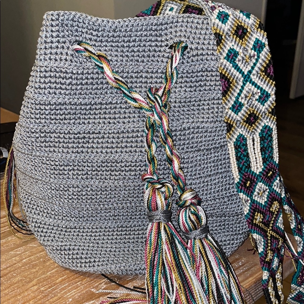 Bohemian Gray Crochet Bucket Bag: Hand-Knit Summer Crossbody with Tassels
